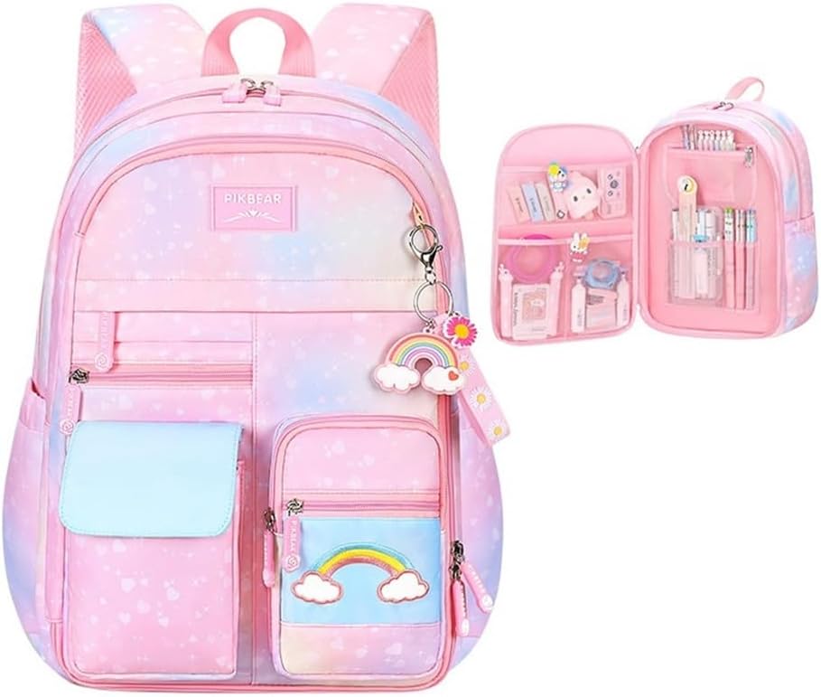 🌈🎀 MOCHILA ARCOÍRIS CON MUCHOS COMPARTIMIENTOS
