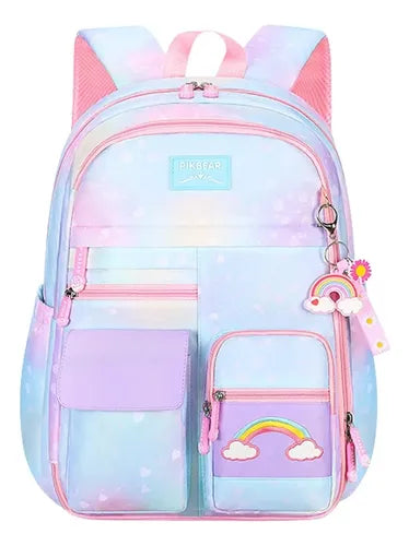 🌈🎀 MOCHILA ARCOÍRIS CON MUCHOS COMPARTIMIENTOS