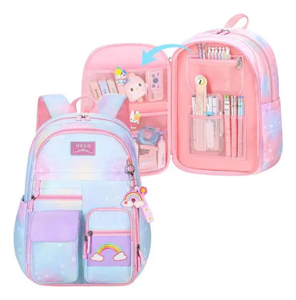 🌈🎀 MOCHILA ARCOÍRIS CON MUCHOS COMPARTIMIENTOS