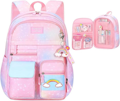 🌈🎀 MOCHILA ARCOÍRIS CON MUCHOS COMPARTIMIENTOS